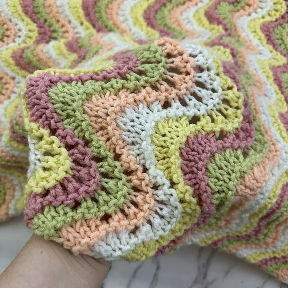 Vintage 80s Handmade Crochet Throw Blanket Pink Yellow Scallop Stripe Cottage